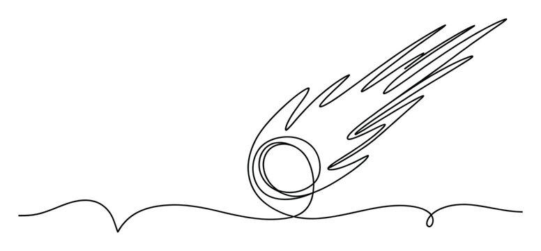Minimalist continuous single line drawing capturing a stylized comet or meteor falling through the atmosphere, suitable for science presentations, educational materials, and digital media.