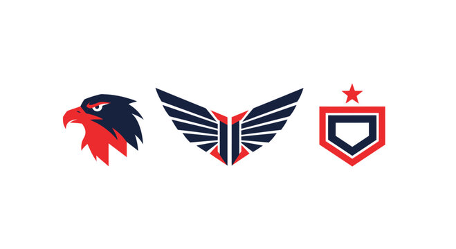 Eagle mascot logo, wings emblem, and baseball home plate icon set on white background