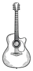 Black and white line drawing of an acoustic guitar, a classic string musical instrument, perfect for musicrelated themes, entertainment visuals, and graphic print projects.