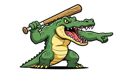 Obraz premium Strong and angry cartoon crocodile with visible muscles holds a wooden baseball bat over its shoulder while pointing forward with a fierce expression.