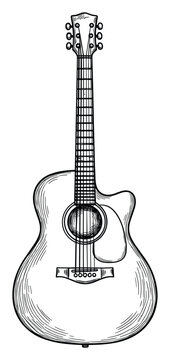 Black and white line drawing of an acoustic guitar, a classic string musical instrument, perfect for musicrelated themes, entertainment visuals, and graphic print projects.