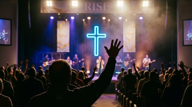 Enthusiastic congregation raising hands in worship during a vibrant modern church service with a band and neon cross