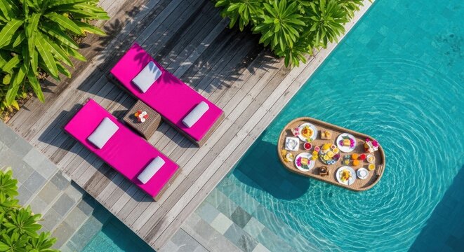 Overhead view of vibrant poolside lounge chairs and a floating breakfast tray