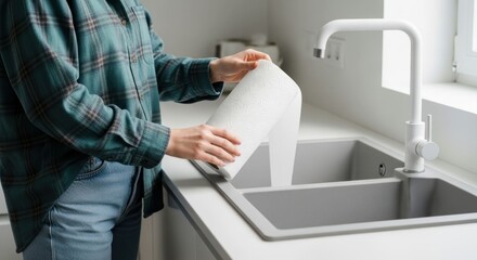 Obraz premium Person in plaid shirt unrolling paper towel over kitchen sink