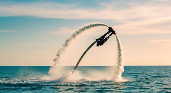 Person in mid-air on water jet pack, spraying water, over ocean, sunset