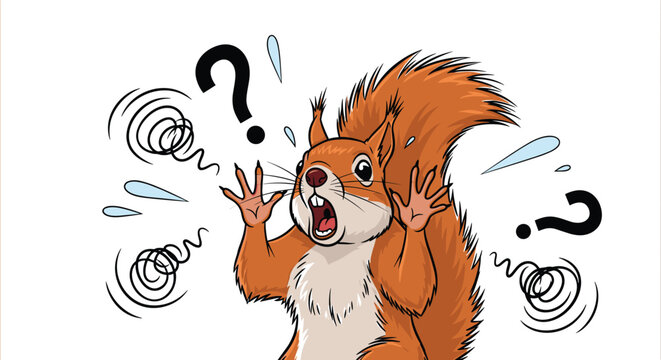 Surprised red squirrel with bushy tail shows confused expression with question marks and sweat drops on white background.