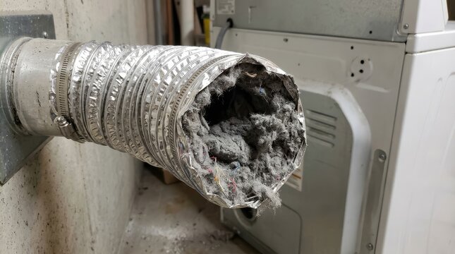 Dangerously clogged dryer vent hose full of flammable lint in a home laundry room needing urgent cleaning