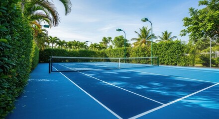 Obraz premium Sunny blue tennis court surrounded by lush green hedges and palm trees
