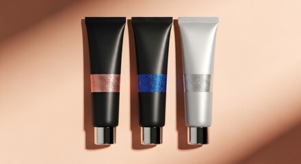 Obraz premium Three cosmetic tubes with metallic accents, casting shadows on a peach background
