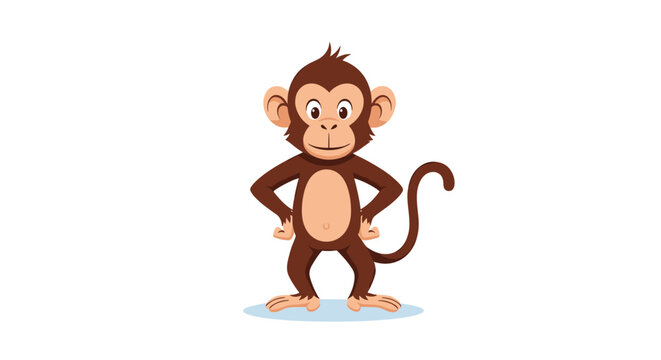 Confident brown monkey standing upright with its hands on its hips and a friendly smile on its face against a clean white background scene.