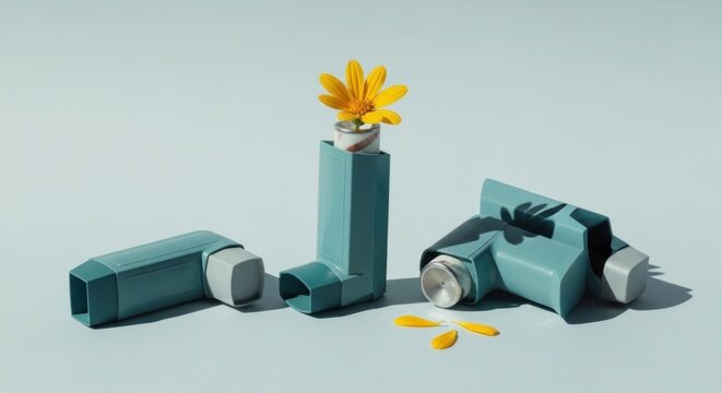 Teal inhalers with a yellow flower sprout from one, on a light blue background