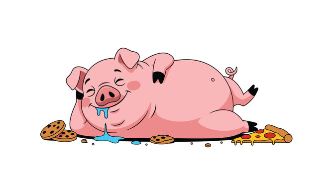 Lazy pink pig sleeping soundly with crumbs and food leftovers including cookies and pizza against a plain white background illustration.