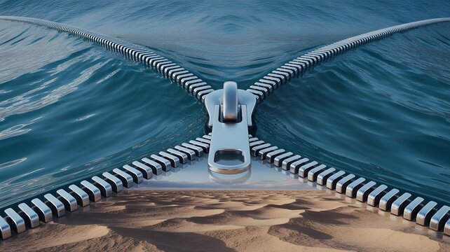 Surreal conceptual photo of a giant metal zipper opening the ocean to reveal a desert. Creative metaphor for climate change, environmental transition, and hidden dry land landscapes.