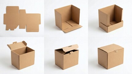 Fototapeta premium Step-by-step sequence of folding a brown corrugated cardboard box from a flat template to a closed container on a white background.
