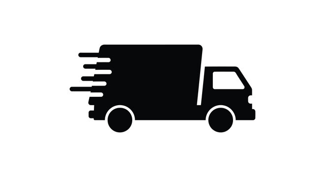 A simple black silhouette of a delivery truck speeding forward with motion lines creating a dynamic silhouette