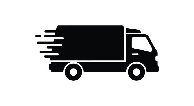 A stark black silhouette depicts a delivery truck in motion suggesting speed and commercial transport silhouette high quality