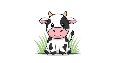 Naklejka premium Adorable baby cow mascot character with black and white spots sitting peacefully in green grass on a bright sunny day.
