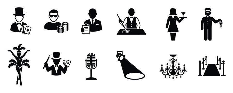 Collection of casino, hospitality, and entertainment related icons, ideal for illustrating luxury services, gaming venues, and event themes in graphic design projects