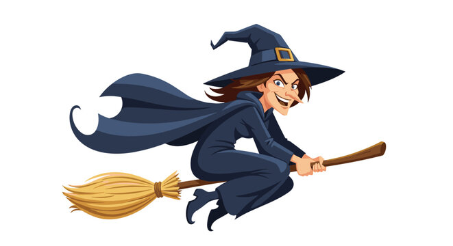 Wicked witch with a long nose and pointed hat flying through the air on a wooden broomstick with her black cape billowing.