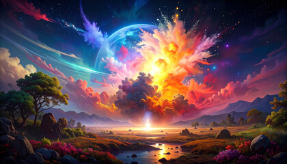 Cosmic explosion landscape painting vibrant colors dramatic celestial scene