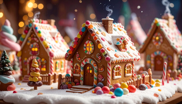 Festive gingerbread houses on display with colorful decorations and lights