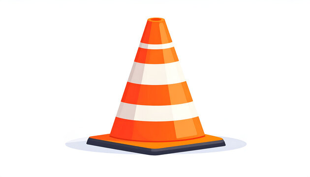 Orange and white striped traffic cone on white background safety warning icon