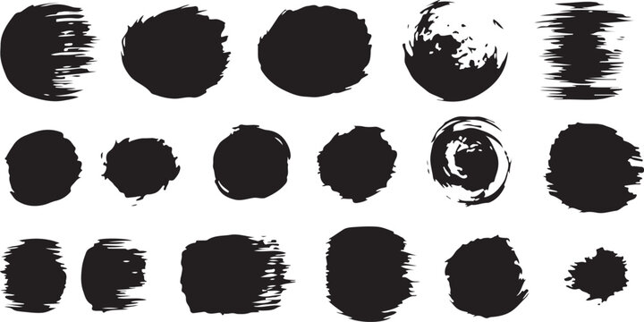 A set of textured black paint dabs and circular brush strokes featuring a distressed, raw aesthetic.