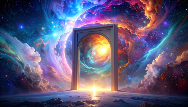 Abstract portal opening to a vibrant cosmos with swirling nebulae and bright light