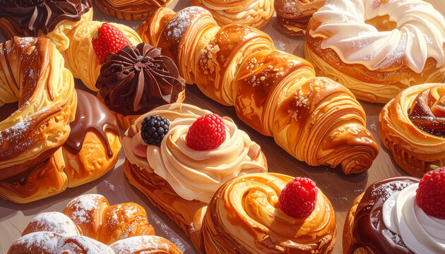 Assortment of delicious baked pastries with fresh fruit decorations close up