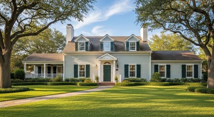Fototapeta premium A grand, two-story mansion with a symmetrical facade, surrounded by lush green lawns and towering trees.