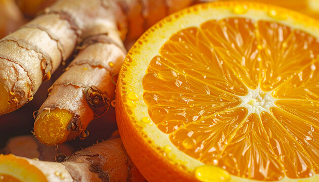 Close up of fresh orange slice and turmeric root for healthy eating