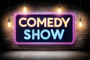 Obraz premium Comedy show neon sign glowing on brick wall stage