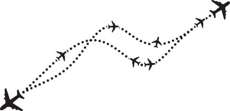 A minimalist black vector illustration featuring multiple airplane silhouettes following dotted flight paths, representing travel, aviation, and global connectivity.