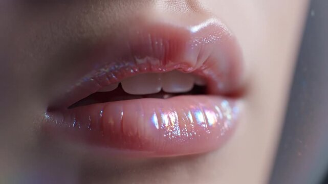 Delicate glossy lips close-animated movie with soft translucent glow