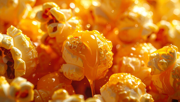 Close up of golden caramel popcorn with textured kernels and glossy coating