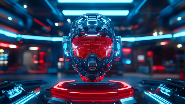 Futuristic helmet cybernetic head digital mask red visor sci fi armor hologram interface neon light robotic face cyberpunk style virtual reality gear Futuristic helmet cybernetic head digital mask