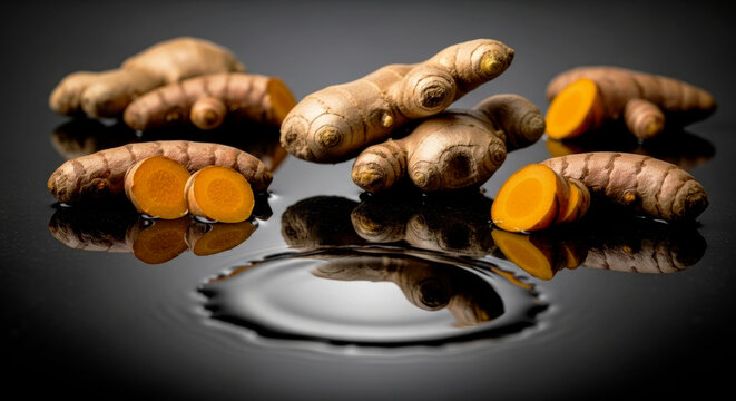 Refreshing and vibrant turmeric slices and ginger roots reflecting on a dark water surface with a gentle ripple effect for a wellness concept