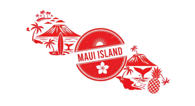 Hawaii Maui Island Tropical Vacation Stamp Design with Volcano, Surfboard, Pineapple, Palm Trees