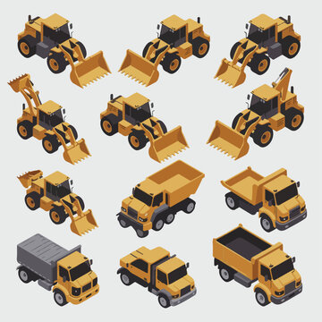 Isometric Construction Vehicles Set (Wheel Loaders & Trucks) &ndash; Vector 3D Style