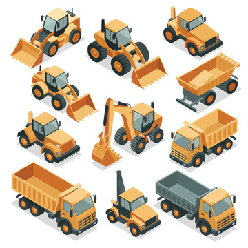 Isometric Construction Vehicles Set (Wheel Loaders & Trucks) &ndash; Vector 3D Style