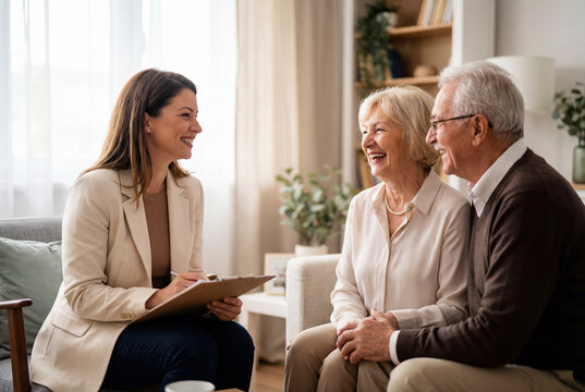 Friendly female social worker talking with a happy elderly couple at home