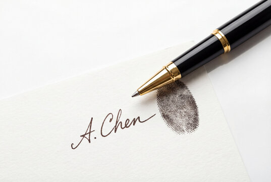 Black pen resting on white paper next to signature and fingerprint for security concept