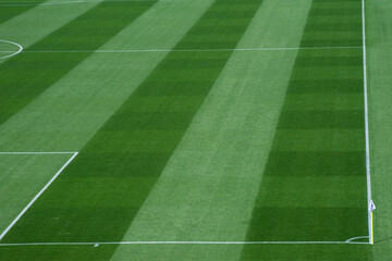 Obraz premium Background Texture of International-Standard Football Pitch with Striped Grass and Field Lines Under Clear Conditions