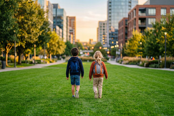 Obraz premium Two young children walking away on a green grass path in an urban park