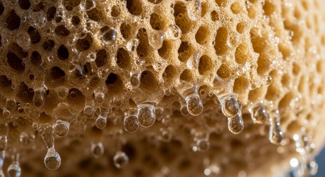 Close-up of honeycomb with water drops.