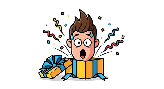 Shocked man peeking out of a gift box with confetti and streamers flying out, expressing surprise and excitement