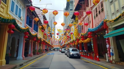 Naklejka premium Evening in Chinatown With Lanterns