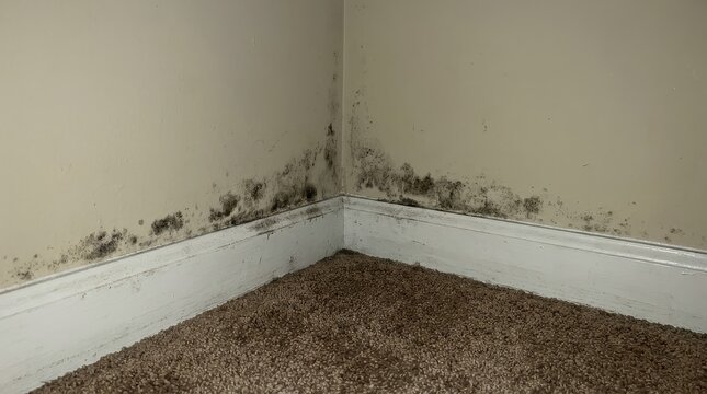 Extensive black mold growing on interior walls and baseboards in a neglected residential room corner showing significant dampness and unhealthy conditions