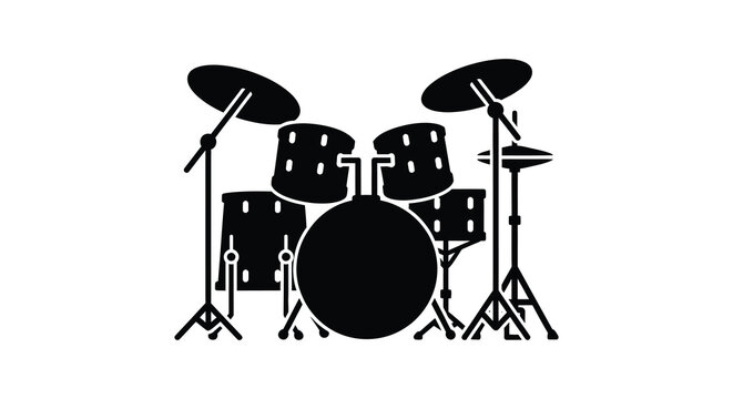 A striking black silhouette depicts a complete drum kit showcasing musical instruments in a minimalist style silhouette