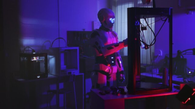 Automated mechanical arm adjusts printer components alongside control panels in dim laboratory environment